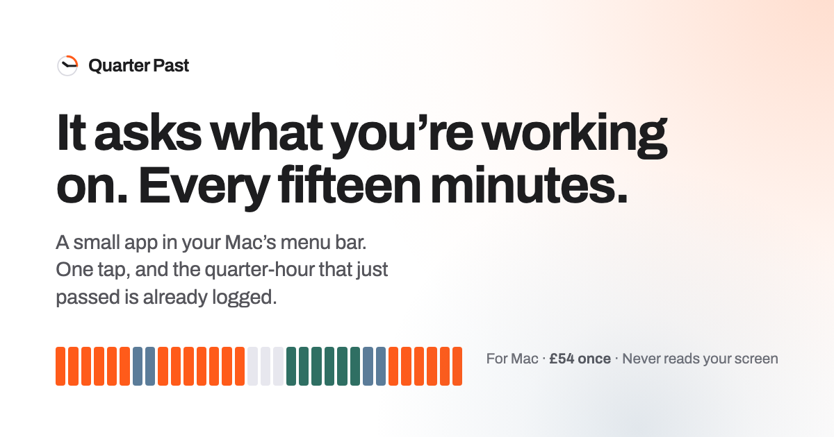 Share card: Quarter Past asks what you're working on, every fifteen minutes.