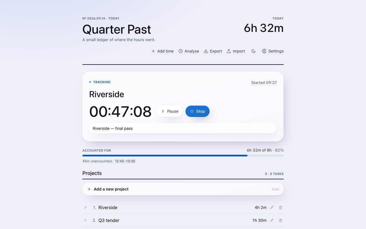 The same app and the same day in the Glass style: the identical timer, totals
                      and projects, rendered in a bright blue Apple-like interface.